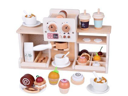 Dřevěná sada Kavárna Coffee Shop Kávovar Hrníčky Dezerty