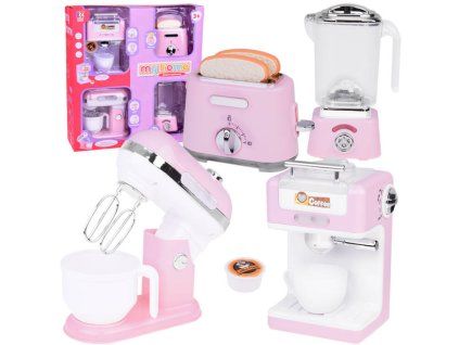 Růžová sada dětských spotřebičů mixér blender toustovač kávovar
