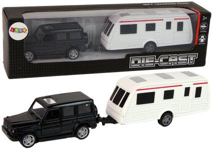 Sada autíček Jeep Černý + Kempingový Přívěs Kovové Prvky