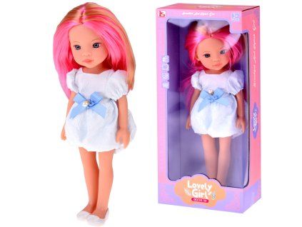 Panenka Lovely Girl 33 cm s růžovým pramínkem v bílých šatech