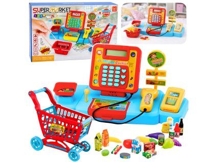 Interaktivní supermarket pokladna s vozíkem červeno-modrý