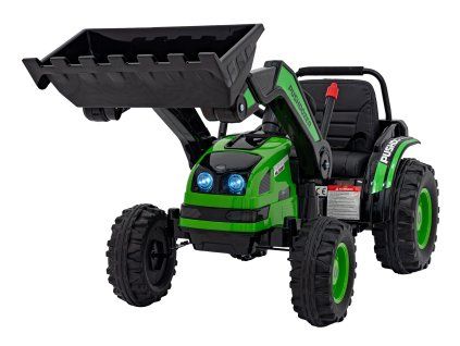 Elektrický akumulátorový zelený traktor bagr pro děti pohyblivé rameno lžíce dálkové ovládání