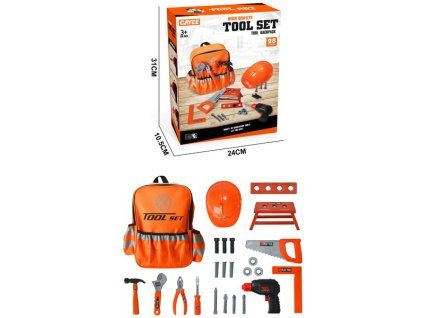 Dětská dílna s batohem pro děti 3+ Oranžová + Interaktivní šroubovák-vrtačka + Nářadí + Příslušenství