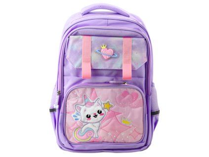 Školní batoh s bílou kočkou hrudní popruh fialový 20 L