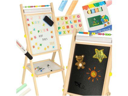 Tabule magnetická křídová oboustranná dřevěná s písmenky a křídou 38x37x90 cm