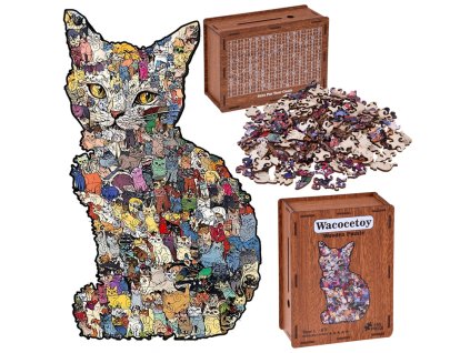Dřevěné puzzle Kočka 2v1 pokladnička s odškrtáváním 195 dílků