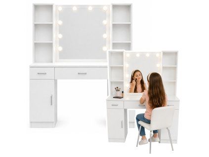Velký kosmetický stolek s LED zrcadlem se skříňkami a zásuvkami 141x114x39 cm Bílý