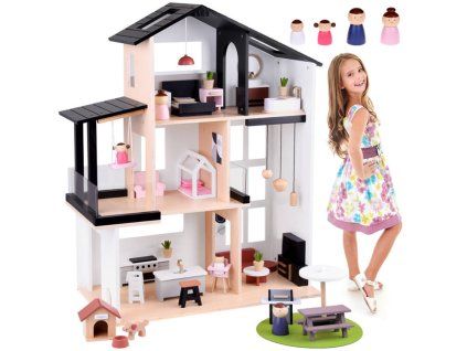 Moderní dřevěný domeček pro panenky ve stylu LOFT s panenkami a nábytkem