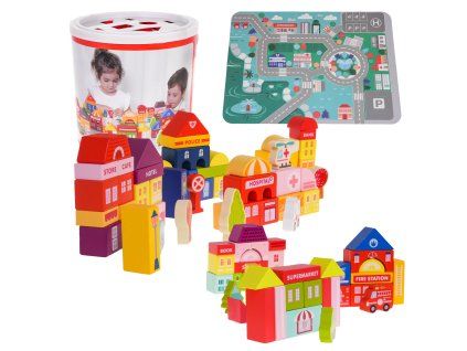 Dřevěné kostky Město pro děti 3+ Puzzle podložka + Vkládačka tvarů 115 dílků